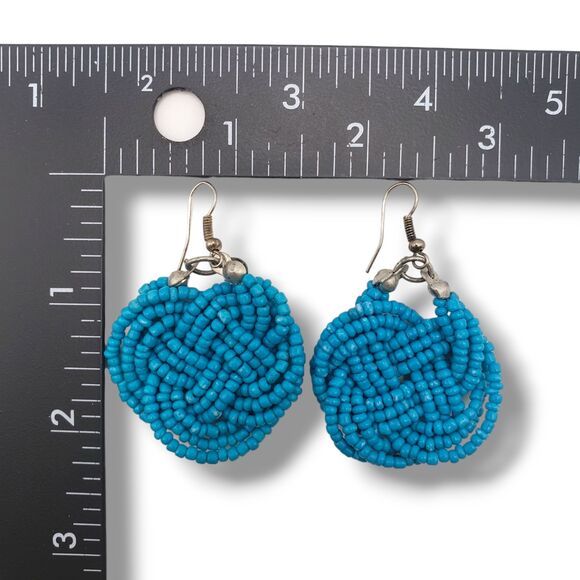 Turquoise Blue Color Seed Bead Round Knot Silver Tone Hook Earrings - Picture 5 of 5